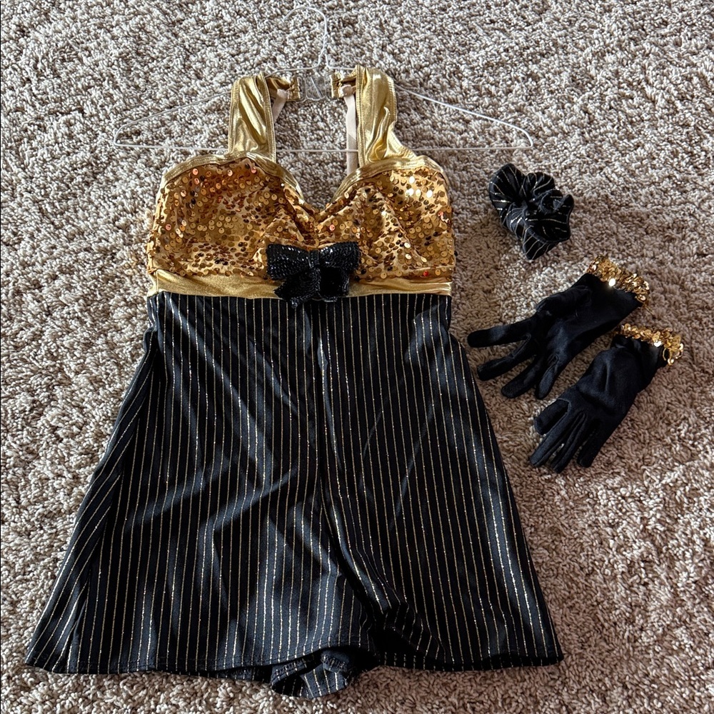 A Wish Come True dance costume gold black leotard shorts gloves Adult Small